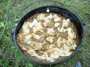 dutch oven burger beans biscuits